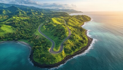 Aerial view of a winding coastal road along a lush green landscape at sunset - Powered by Adobe