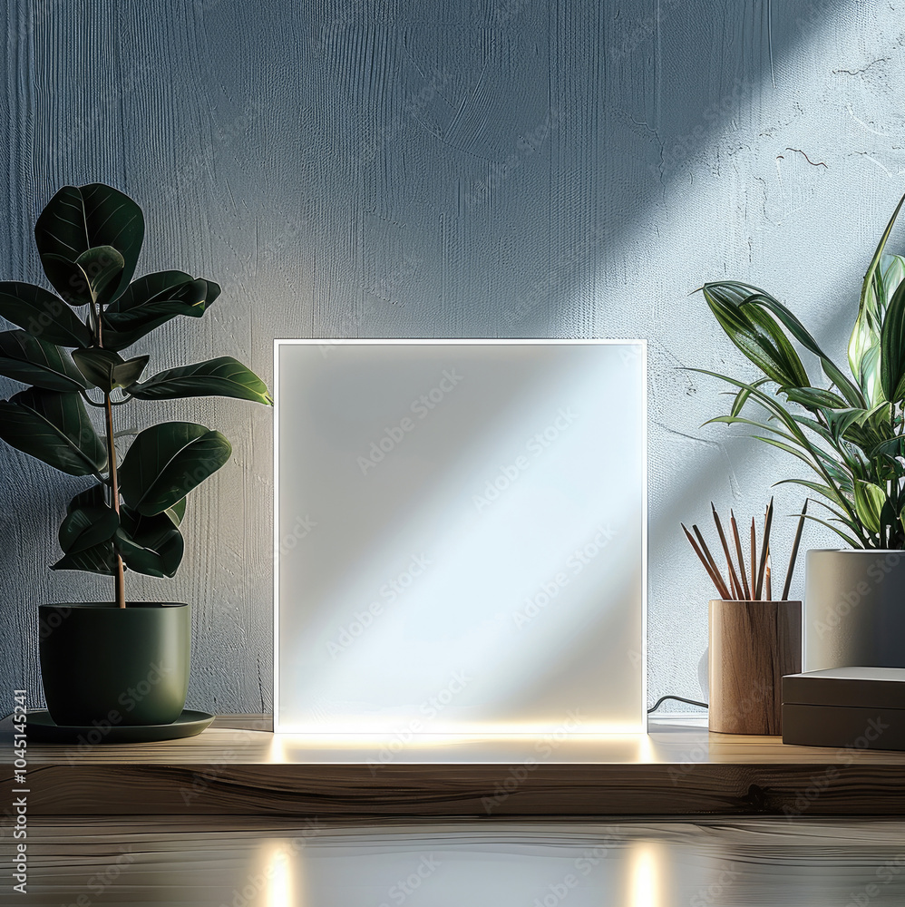 Aufkleber A square acrylic LED light mockup with white lighting and shadows, featuring a blank acrylic square on the front face of the lamp in a front view. a plain background color.