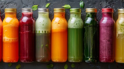 Colorful Detox Smoothies in Glass Bottles on Black Background