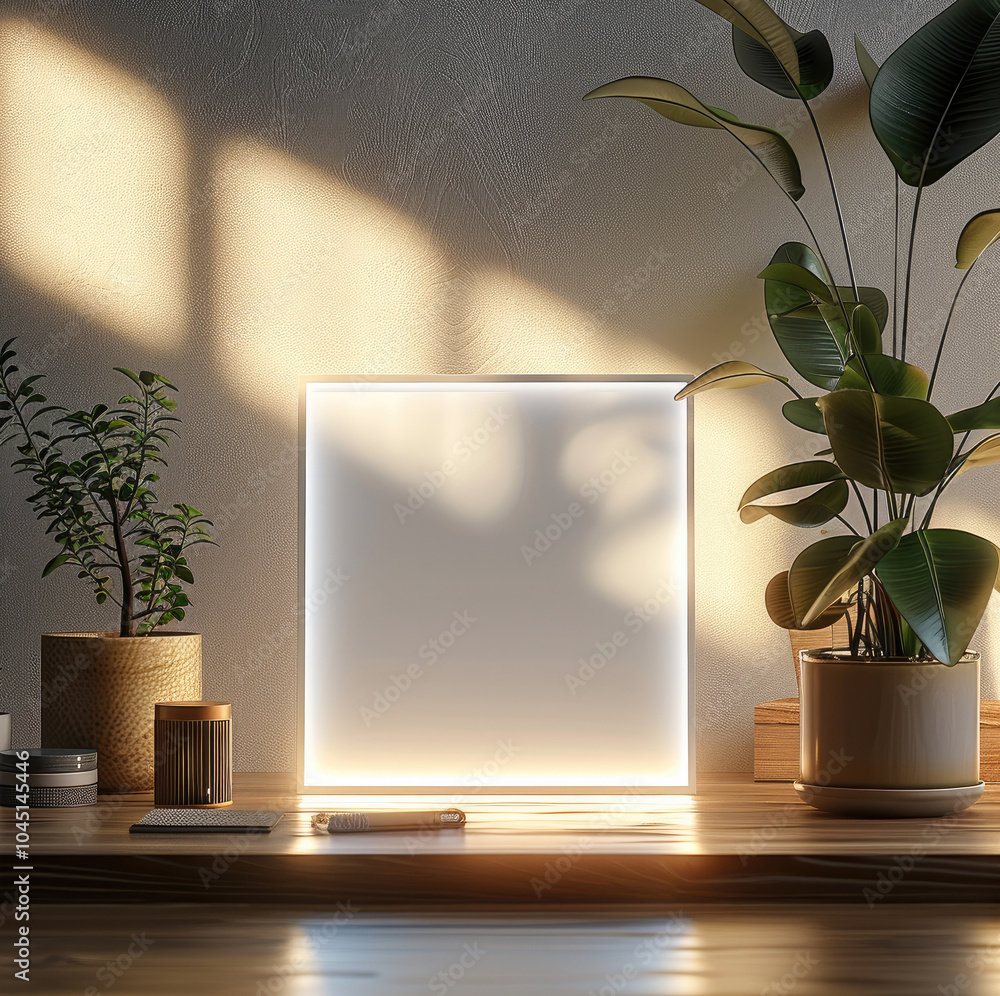Aufkleber A square acrylic LED light mockup with white lighting and shadows, featuring a blank acrylic square on the front face of the lamp in a front view. a plain background color.