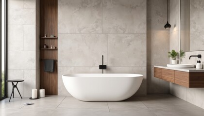 Elegant bathroom with modern design and relaxing atmosphere, freestanding bathtub