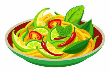 Naklejka premium A plate of pasta with a green plate of vegetables and a green plate with a lemon on it on a white background