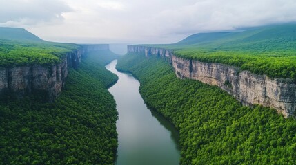 Obraz premium Dramatic Cliffs Rising from Lush Valley