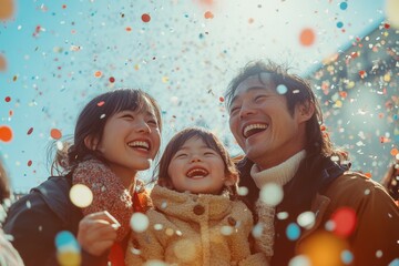 Smiling family with confetti falling from sky