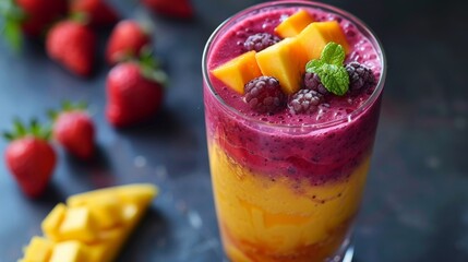 Delicious Mango and Berry Smoothie with Fresh Fruit Toppings