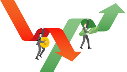 Business competition of a businessman holds banknotes on a rising green arrow graph for increase investment, a coin on a slumped red arrow graph for average cost. Wealth in corporate and financial