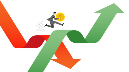 A businessman holds a coin and jumps from a slumped red arrow graph for average cost to a rising green arrow graph for increase investment. Profit, strategy, wealth, growth opportunities in financial