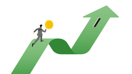 A businessman holding a coin and running on a rising green arrow graph to money slot for increase investment. Profit, strategy, wealth, and growth opportunities in the corporate and financial concept