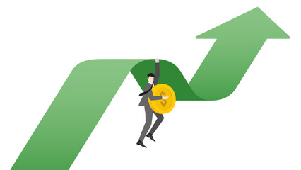 A businessman holding a coin and hanging on a rising green arrow graph for increase investment. Profit, strategy, wealth, and growth opportunities in the corporate business and financial concept