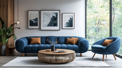 living room interior design with blue sofa and armchair near the window, Scandinavian home decoration concept.