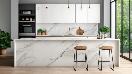 Elegant Kitchen with Marble Countertops and Gold Hardware