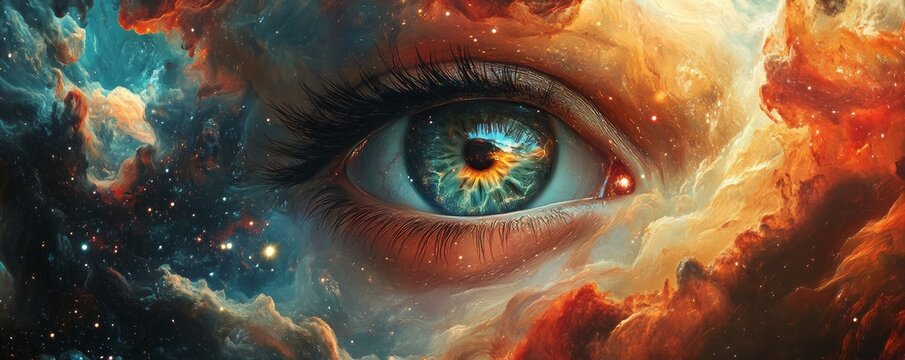 Fototapeta Woman eye reflecting universe galaxy space exploration concept