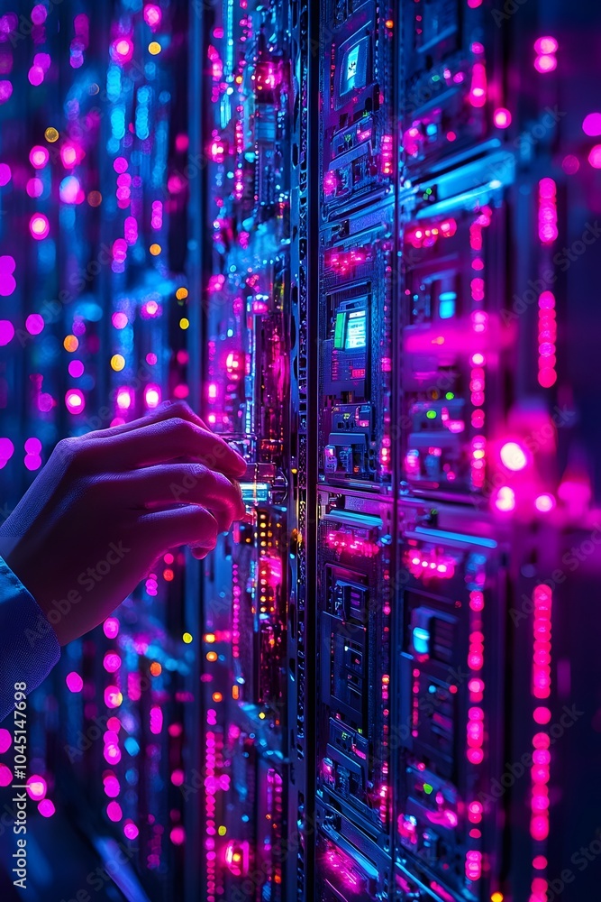 Poster a hand adjusting settings on a glowing server panel, highlighting technology and data management.