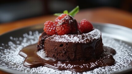Chocolate Lava Cake Dessert with Raspberries and Powdered Sugar