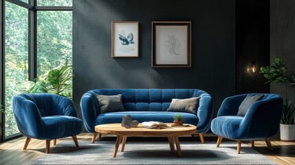 Obraz premium living room interior design with blue sofa and armchair near the window, Scandinavian home decoration concept.