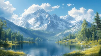 Fototapeta premium Alpine Paradise Unveiled: Majestic Mountain Peaks Embracing Crystal Lakes While Sunlit Forests Dance in Nature's Grand Symphony of Serenity