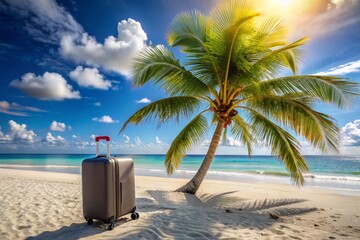 Fototapeta premium A suitcase is sitting on the beach next to a palm tree