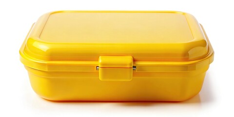 Extreme close-up of a yellow plastic lunch box case isolated on white background