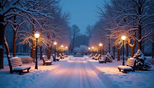  Warmly lit winter walkway in a snowy park