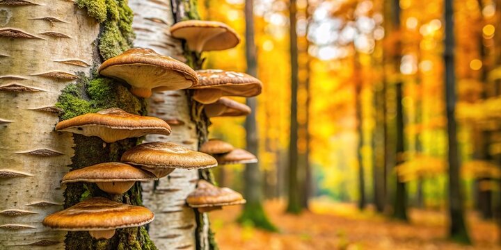 Extreme close-up of birch polypore mushrooms growing on tree trunk in autumn forest