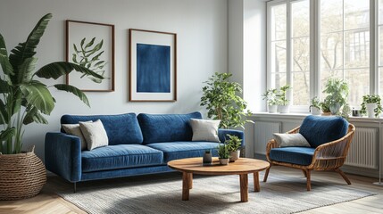 living room interior design with blue sofa and armchair near the window, Scandinavian home decoration concept.