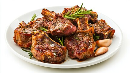A white plate topped with meat and garlic on top of a table