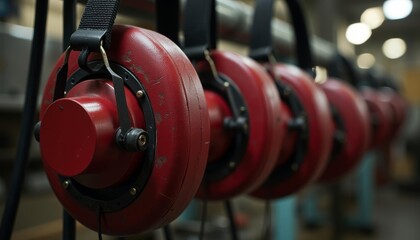  A row of industrial red earmuffs ready for use