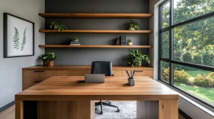 Modern Office with Wooden Desk and Natural Decor