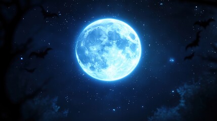 Fototapeta premium A luminous blue moon shines brightly in a dark night sky, surrounded by stars and silhouetted bats, creating a mystical atmosphere.