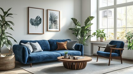 living room interior design with blue sofa and armchair near the window, Scandinavian home decoration concept.