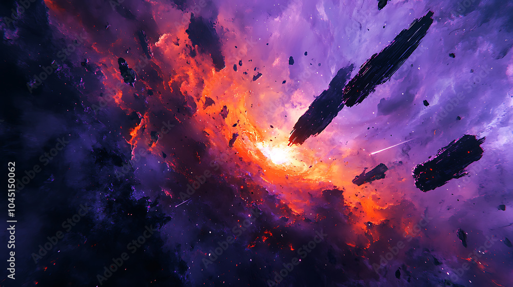 Poster surreal and impressionistic scene of torn nebula with vibrant colors and dynamic textures, evoking s