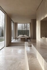 Obraz premium Modern minimalist interior with large windows and a serene atmosphere.