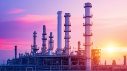 Fototapeta premium Industrial Oil Refinery at Dawn with First Rays of Light