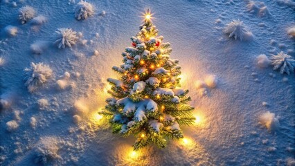 snow covered Christmas tree aerial view