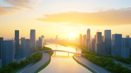 Fototapeta premium Cityscape Sunrise Overpass River Modern Architecture