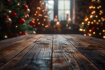 Empty wooden table in Christmas theme background for product display. 