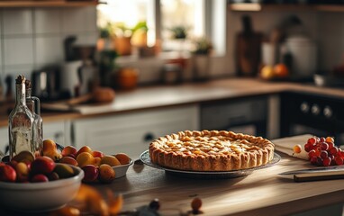 Thanksgiving: A cozy kitchen setting with fresh-baked pies and seasonal fruits on the counter, with room on the side for a Thanksgiving wish. 