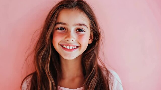 Portrait of smiling teenage girl on pink background Video