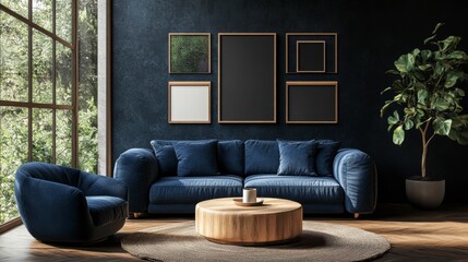 living room interior design with blue sofa and armchair near the window, Scandinavian home decoration concept.