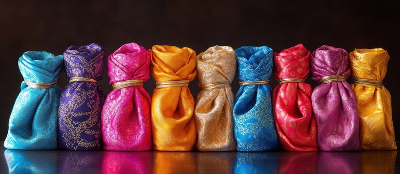 Colorful fabric bags tied with string, arranged in a row on a dark background.