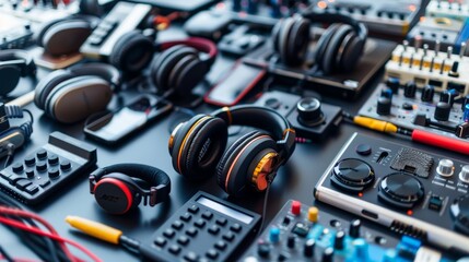 A wide selection of headphones and electronic devices for travelers to purchase.