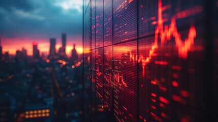 Silhouette filled with city skyline and stock market data at sunset over a bustling urban landscape