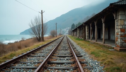 Obraz premium A serene coastal railway journey awaits