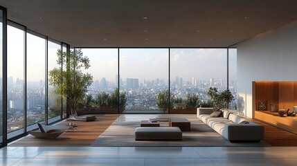 Fototapeta premium modern light-filled apartment interior showcasing expansive windows, sleek furniture, and minimalist decor, creating an inviting atmosphere brimming with contemporary charm