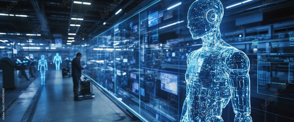 Poster futuristic digital human hologram displayed on a large screen in a technological space.