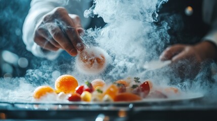 Fototapeta premium A chef creates a stunning molecular gastronomy dish, featuring vibrant spheres and edible mist