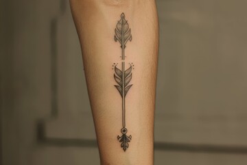 Obraz premium A minimalist arrow tattoo on the forearm, pointing forward.