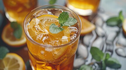 Refreshing Iced Tea with Lemon and Mint Close up