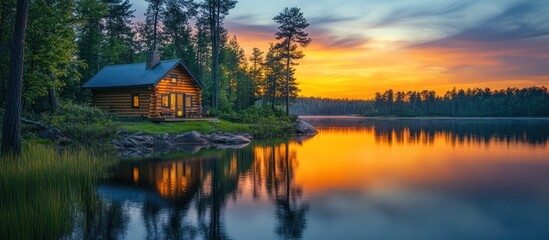 Fototapeta premium A wooden cabin sits on the edge of a lake with a beautiful sunset in the background.