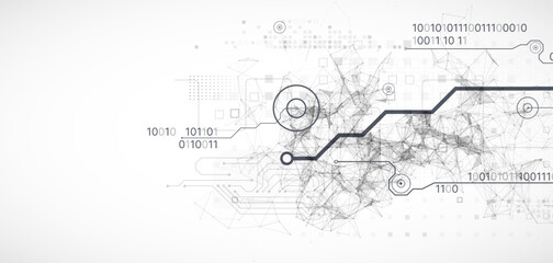 Abstract background on technological and scientific topics. Plexus effect with various techno details. Hand drawn vector.